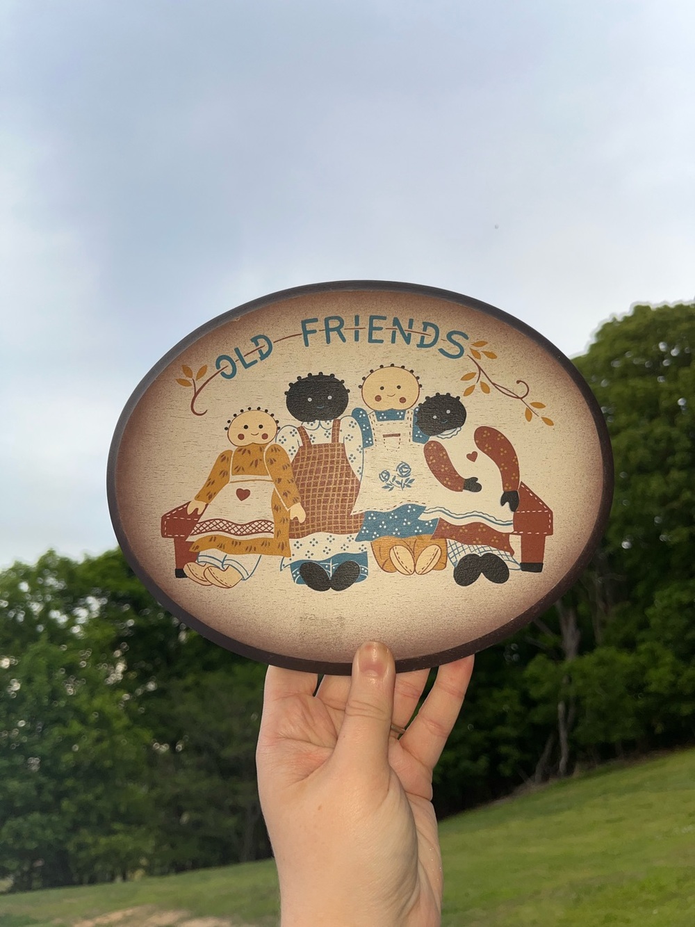 Old Friends Oval Folk Art Wall Plaque - Brown, Cream, Blue